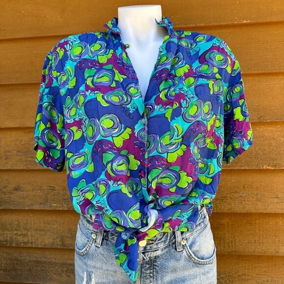 Vintage Blue Island Hawaiian Style Button Down Women’s Shirt Size M - Picture 13 of 13